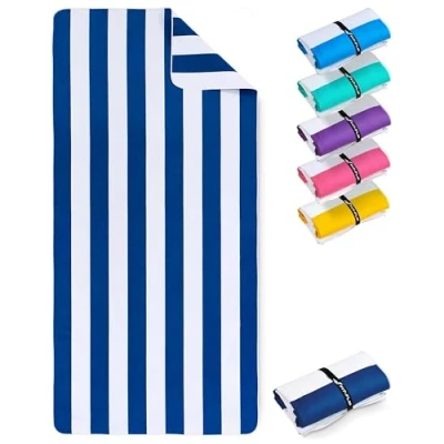 Afbeelding van Stranddeken XXL microvezel strandhanddoek groot, licht en sneldrogend 100% gerecyclede handdoek Strandlaken Marineblauw Wit gestreept 200cmx90cm