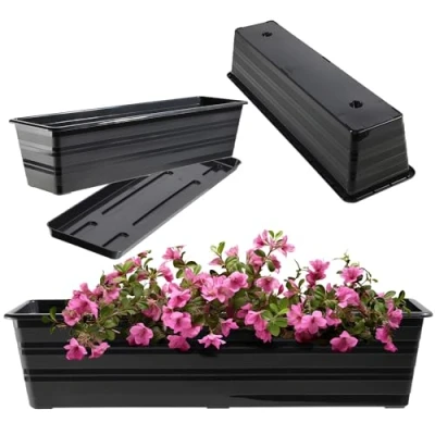 Afbeelding van KADAX Balkonplantenbak van weerbestendig kunststof, bloempot, balustrade voor het kweken bloemen, kruiden (60 cm, met schoteltjes, antraciet)