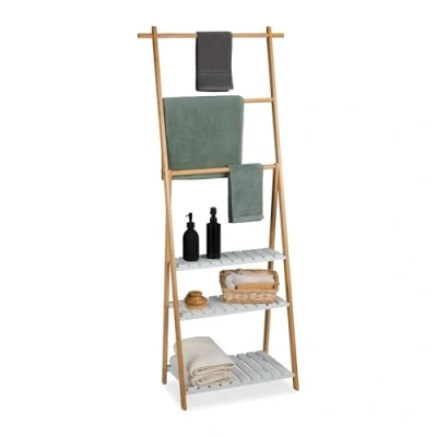 Afbeelding van handdoekenrek 3 stangen planken 151 x 64,5 32 cm bamboe