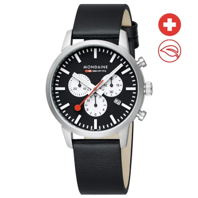 Afbeelding van Mondaine MSD.41420.LBV Neo Heren Horloge Stationsklok Chronograaf Saffierglas Staal Zilverkleurig/Zwart 41 mm breed Quartz Gesp