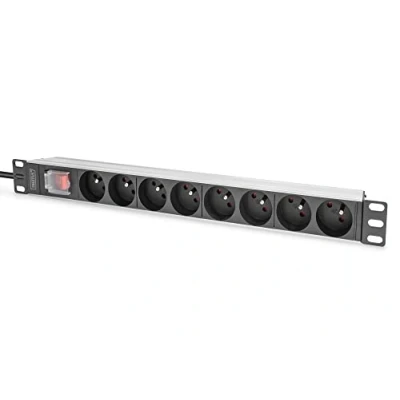 Image de DIGITUS Coupe circuit (rack montable) profilé en aluminium et interrupteur CA 250 V 4000 Watt entrée : CEE 7/7 connecteurs de sortie 8 (8 x 7/5) 1U 19&quot; 2 m cordon