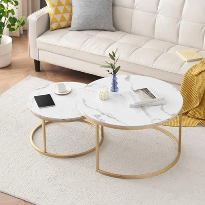 Afbeelding van Ginhow Salontafel marmerlook bijzettafel woonkamer Ø 80 + 60 cm grote ronde tafel MDF witte en gouden stalen frame