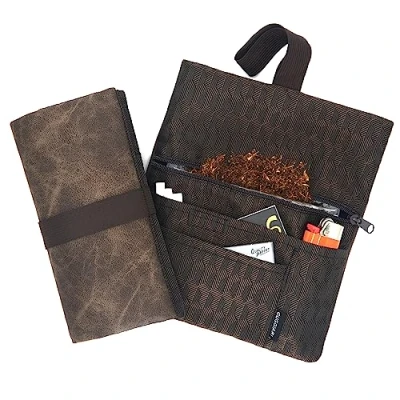 Afbeelding van GUGGIARI® Tabaksgrap van zacht leer met praktische vakken voor: filtertips, rolpapier en aansteker zak voor tabakszak 30/50 g, Bruin