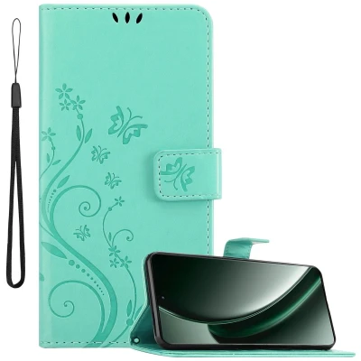 Afbeelding van Cadorabo Hoesje geschikt voor Realme GT6 in BLOEMEN TURKOOIS Beschermhoes bloemmotief met magnetische sluiting, standfunctie en kaartsleuven Book Case Cover Etui