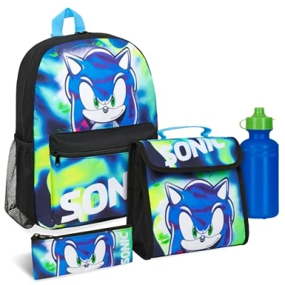 Afbeelding van Sonic The Hedgehog Kinderrugzak, schooltas voor jongens, basisschool, 38 cm, met accessoires, lunchbox, etui, kinderdrinkfles, cadeau idee eerste schooldag, 4 delige set, Meerkleurig, Set van