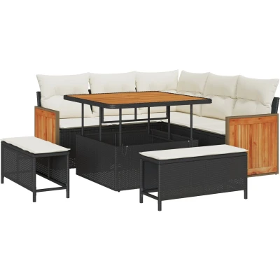 Afbeelding van vidaXL 8 delige Tuin Sofa Set met Kussens Zwart Poly Rattan Acacia, 3 Eetset Acacia