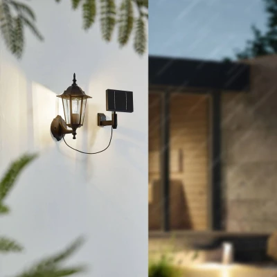 Afbeelding van Lindby LED wandlamp op zonne energie Sayata, zwart, aluminium, lantaarn