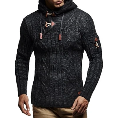 Afbeelding van Leif Nelson LN5400 Herentrui met capuchon, slim fit, zwart, wintertrui lange mouwen, zwart/antraciet