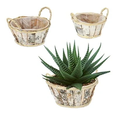 Afbeelding van Relaxdays bloempot set van 3 plantenmand berkenhout rond handvaten naturel