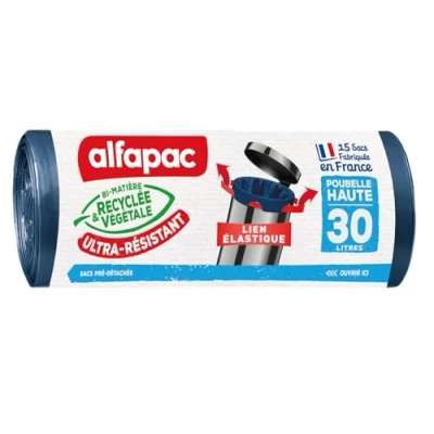 Afbeelding van alfapac 15 vuilniszakken, 30 l, hoge afvalemmer met elastische band, zeer robuust, gemaakt in Frankrijk, gerecycled en plantaardig bi materiaal