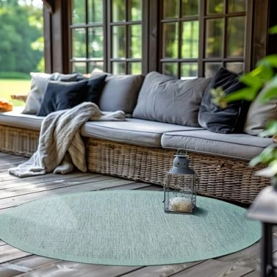 Afbeelding van Rond vloerkleed voor buiten, terras, balkon en tuin, keukentapijt, effen, weerbestendig design, plat weefsel, sisal effect, wasbaar, 200 cm, rond, blauw
