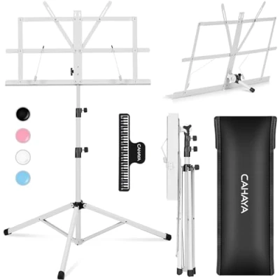 Image de CAHAYA Pupitre de partition pliable extra stable et léger portable réglable double utilisation 2 en 1 avec sac transport métal blanc