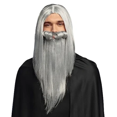 Afbeelding van Boland Pruik Magiër met baard Grijs Steil Lang Mannen Tovenaar Fantasy