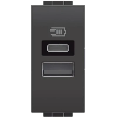 Afbeelding van Bticino L4191AC USB oplader met twee type A en C ingangen, voor installatie in de Livinglight plaat, het opladen van een elektronisch apparaat tot 15 W of gemonteerde apparaten, 1 module,