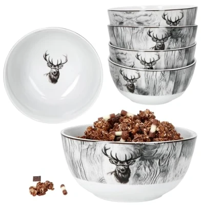 Afbeelding van MamboCat Alois Set van 6 mueslikommen 14,2 cm, 480 ml, porseleinen kom met hertendecoratie voor personen, kommen salade, soep, chips enz.