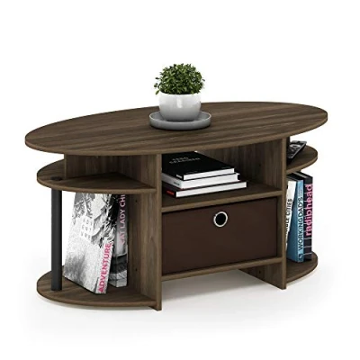 Afbeelding van Furinno JAYA Salontafel, ovaal, eenvoudig design, met vuilnisbak, Columbia notenhout, zwart/donkerbruin