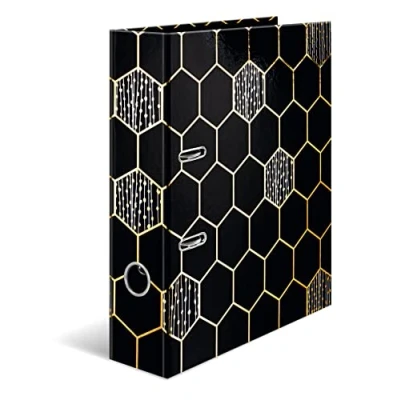 Afbeelding van HERMA 7016 A4 map glanzend, zeshoekig, 7 cm breed, hefboompatroon van karton met binnenprint voor school en kantoor, robuuste ringband jongens meisjes