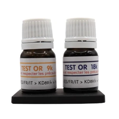 Afbeelding van KD89 9 en 18 karaat goud testoplossingen, assortiment met natuurlijke toetssteen meertalige handleiding, expertise in sieraden, munten, edelstenen, spatel