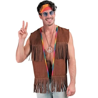 Afbeelding van W WIDMANN MILANO Party Fashion Hippiekostuum, vest met franjes voor heren, bruin, festivaloutfit