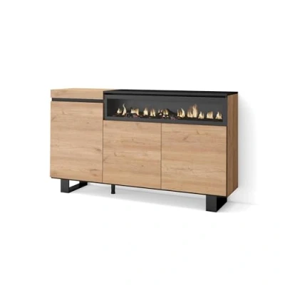 Afbeelding van Skraut Home Dressoirs voor de woonkamer, grote opbergruimte, 150 x 87 35 cm, 3 deuren, elektrische open haard, industrieel design, moderne stijl, eiken en zwart