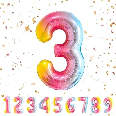 Afbeelding van Regenboogballonnen voor 3 jaar, verjaardag, 101 cm, nummer 3, verjaardagsdecoratie, ballon vliegen met helium