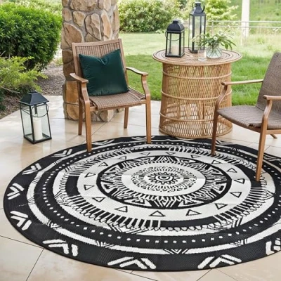 Afbeelding van EVOCAMP Buitentapijt, rond, Ø 240 cm, kunststof, weerbestendig, licht, picknickdeken voor buiten, luifelmat van kunstvezel, terras en balkon