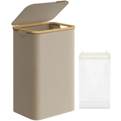 Afbeelding van SONGMICS LCB509N01V1 Wasmand, 90 liter, wasmand met opvouwbaar deksel, uitneembare waszak, Oxford stof, handgrepen van bamboe, opvouwbaar, 42 x 32 70,5 cm, camelbruin