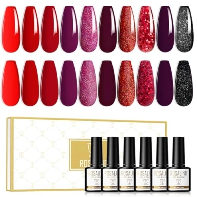Afbeelding van ROSALIND semi permanente nagellak, rood, 10 kleuren, uv gel, permanent, donkerrood, helder, glitter, paars, zwart, soak off, UV/LED, 8 ml