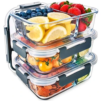 Afbeelding van Glazen container met 3 compartimenten en transparant deksel luchtdicht afsluitbare voedselopslagcontainers, BPA vrij, geschikt voor magnetron, vriezer, vaatwasser, oven [Pack van 3]