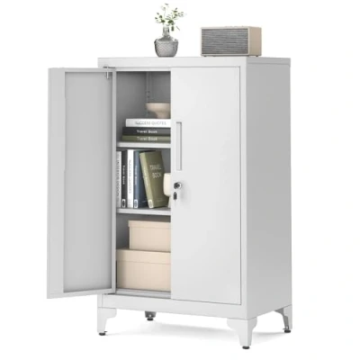 Afbeelding van SONGMICS Multifunctionele archiefkast, bureaukast met 2 deuren, afsluitbare kast, stalen opbergkast, voor kantoor, woonkamer, mat grijs OMC012G01