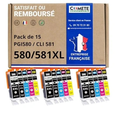 Afbeelding van COMETE, Frans merk, 580 581, 15 inktpatronen, compatibel met Canon PGI CLI 581/PGI580 CLI581/580XL 581XL voor PIXMA printer (6 zwart, 3 cyaan, 3, magenta, geel)