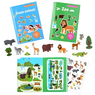 Afbeelding van Vicloon stickerboek, 2 stuks, herbruikbaar, statisch, voor kinderen van 3, 4, 5, 6 jaar, jongens en meisjes, leeractiviteiten, kleuterschool, cadeaus peuters