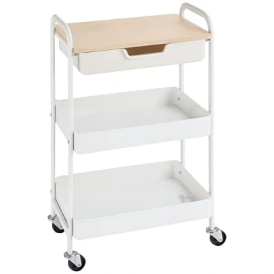 Afbeelding van HOMCOM Keukenwagen serveerwagen 2 legplanken lade dienblad in lichte houtlook, PP staal, wit