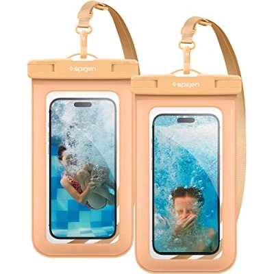 Afbeelding van Spigen Aqua Shield IPX8 waterdichte beschermhoes, compatibel met iPhone, Galaxy, Xiaomi, Google smartphones, abrikoos, 2 stuks