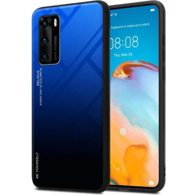 Afbeelding van Cadorabo Hoesje geschikt voor Huawei P40 in BLAUW ZWART Tweekleurige beschermhoes van TPU silicone Case Cover en achterzijde gehard glas