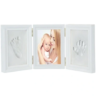 Afbeelding van JZK Witte baby handafdruk fotolijstset voor jongens meisjes babycadeau pasgeborenen EN71 geslaagd speelgoedtest niet giftig klei houten frames veilig kinderen