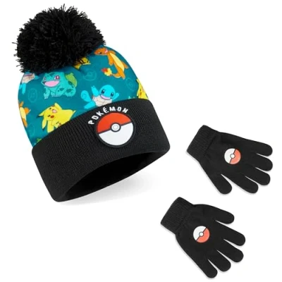 Afbeelding van Pokemon Wintermuts en handschoenen, set muts handschoenen voor kinderen, pompon, cadeau idee Pikachu, eenheidsmaat, zwart/multi