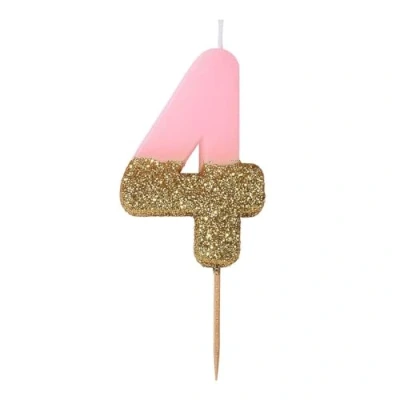 Afbeelding van Verjaardagskaars nummer 4 roze met gouden glitter, hoogwaardige taartdecoratie, mooi, glinsterend voor kinderen, volwassenen, 4, 40e feest, verjaardag, mijlpaal