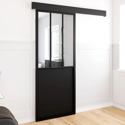 Image de Kit porte coulissante verrière 83 cm en métal + MDF avec rail et fixations