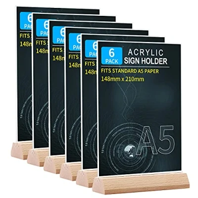 Afbeelding van Srvnpioy Set van 6 A5 T vormige tafelstandaard Houten basis menustandaard Acryl transparant plexi houder voor restaurants, menu&#039;s, hotel, school