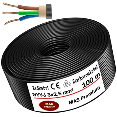 Afbeelding van MAS Premium Aardingskabel voor elektriciteit, standaard voeding, ring installatie in de grond en buiten (NYY J 3 x 2,5 mm², 100 m)