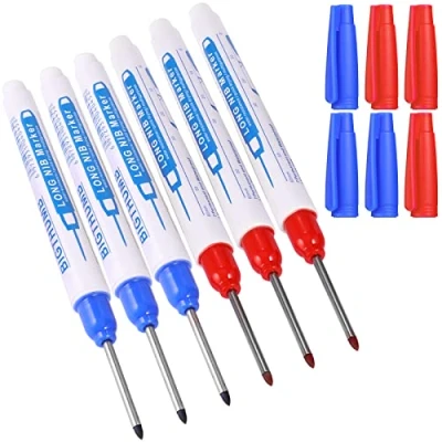Afbeelding van 6pcs Diepgatmarker Carpenters Pen, 30 mm Extra Lange Fijne Punt Permanente Markeerstiften, UNOLIGA Boorgatmarkeringstool voor Markering Moeilijk te Bereiken Gebieden (Blauw Rood)