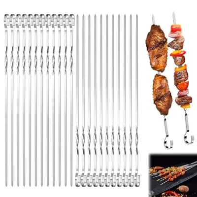 Afbeelding van 24 stuks grillspiesen, 30 cm, roestvrijstalen spiesen, herbruikbare platte grillspiesen voor barbecue, grillen, vlees, groenten,
