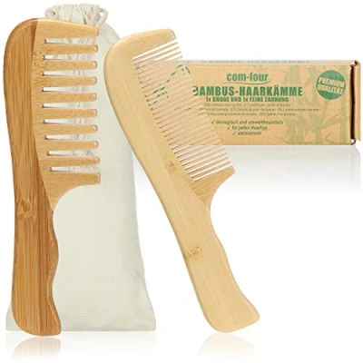 Afbeelding van COM FOUR® 2 delige premium set bamboe haarkammen, haarkammen van bamboehout, duurzame houten kam massief hout, kapperskammen voor elk haartype (2 kammen)