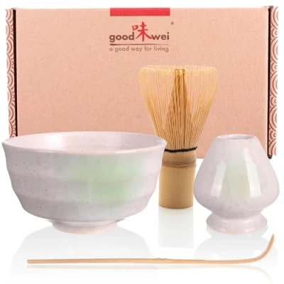 Afbeelding van Goodwei Japanse matcha set met klopperhouder, 4 delig, Shiro