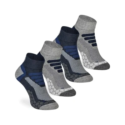 Afbeelding van mehrstrumpf Coolmax 4 paar korte wandelsokken voor dames en heren, bellenvrije vulling, badstofbescherming (grijs/blauw)