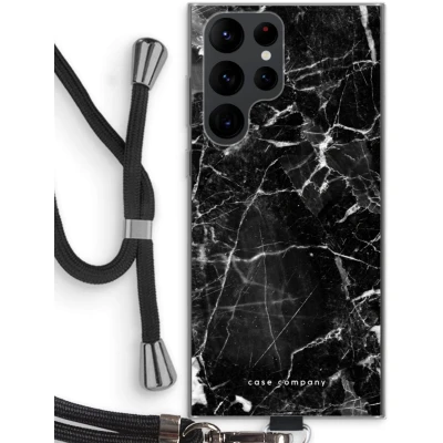 Afbeelding van Case Company® hoesje met Koord geschikt voor Samsung Galaxy S22 Ultra Zwart Marmer Telefoonhoesje Bescherming aan alle Kanten en Over de Schermrand