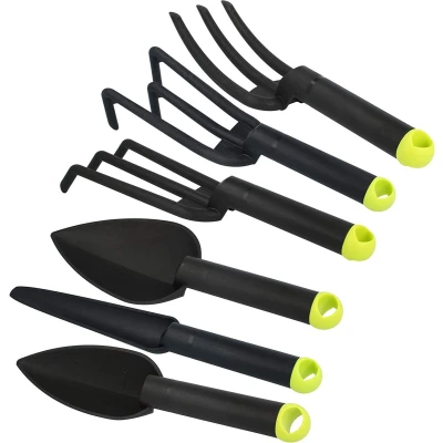 Afbeelding van Tuinset met kleine rubber, bloemenkels, plantenenkels, bloemenvork, hark, onkruidsteker, bezem en dubbele hak