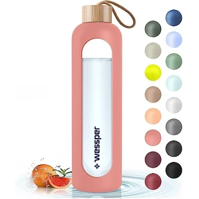 Afbeelding van Wessper Waterfles van glas, herbruikbaar, borosilicaatglas, met motiverende tijdmarkering, bamboe deksel, siliconen, voor kinderen en volwassenen, sport camping, roze