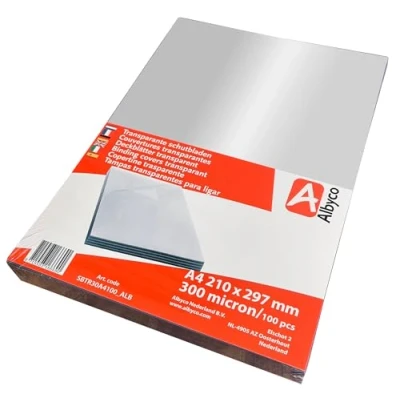 Afbeelding van Albyco Glanzende transparante omslag, dikte 0,30 mm/300 micron, A4 formaat, 210 x 297 mm, PVC platen, afdekplaten